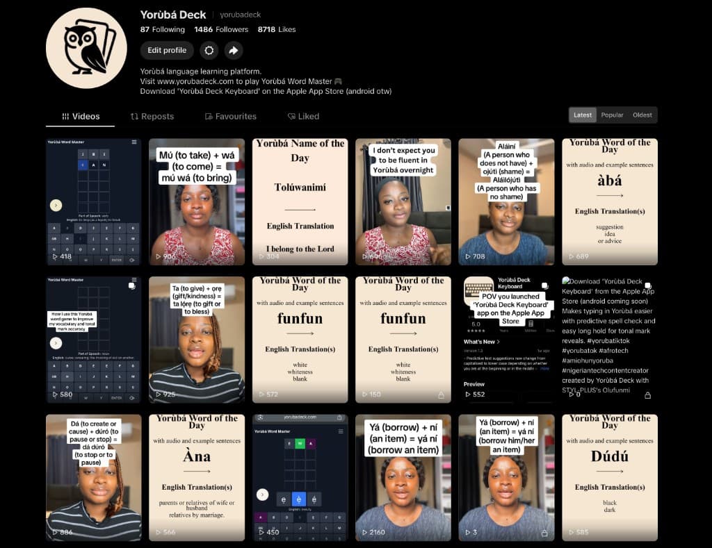 Yorùbá Deck TikTok profile @yorubadeck showing Word of the Day videos and language learning content