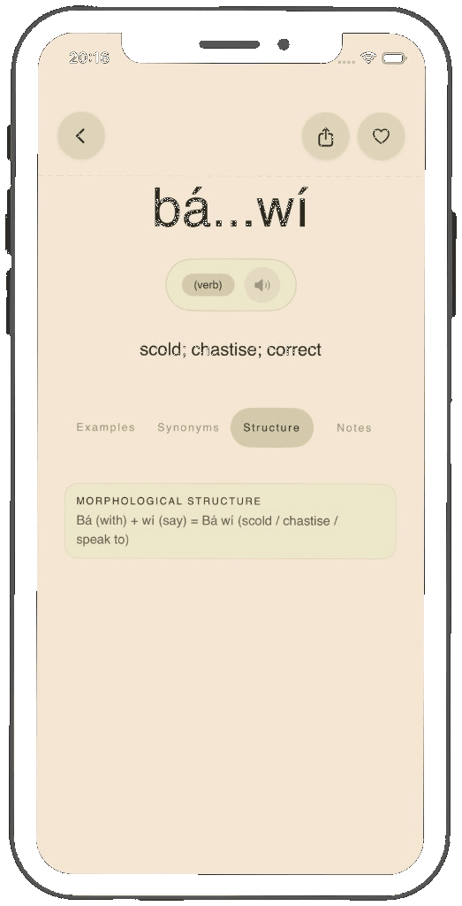 Yorùbá Deck app showing the word bá…wí with morphological structure